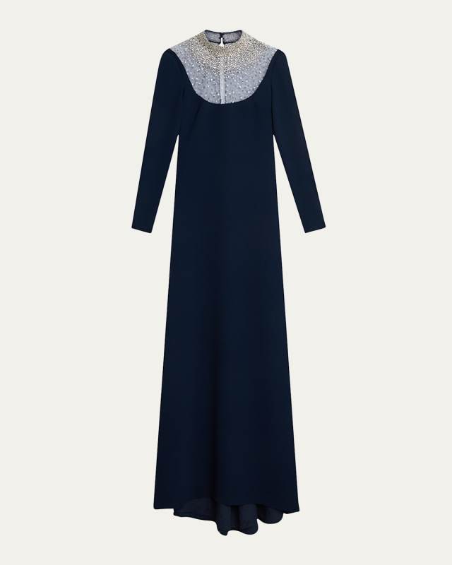 Crystal Beaded Crepe Long-Sleeve Illusion Gown